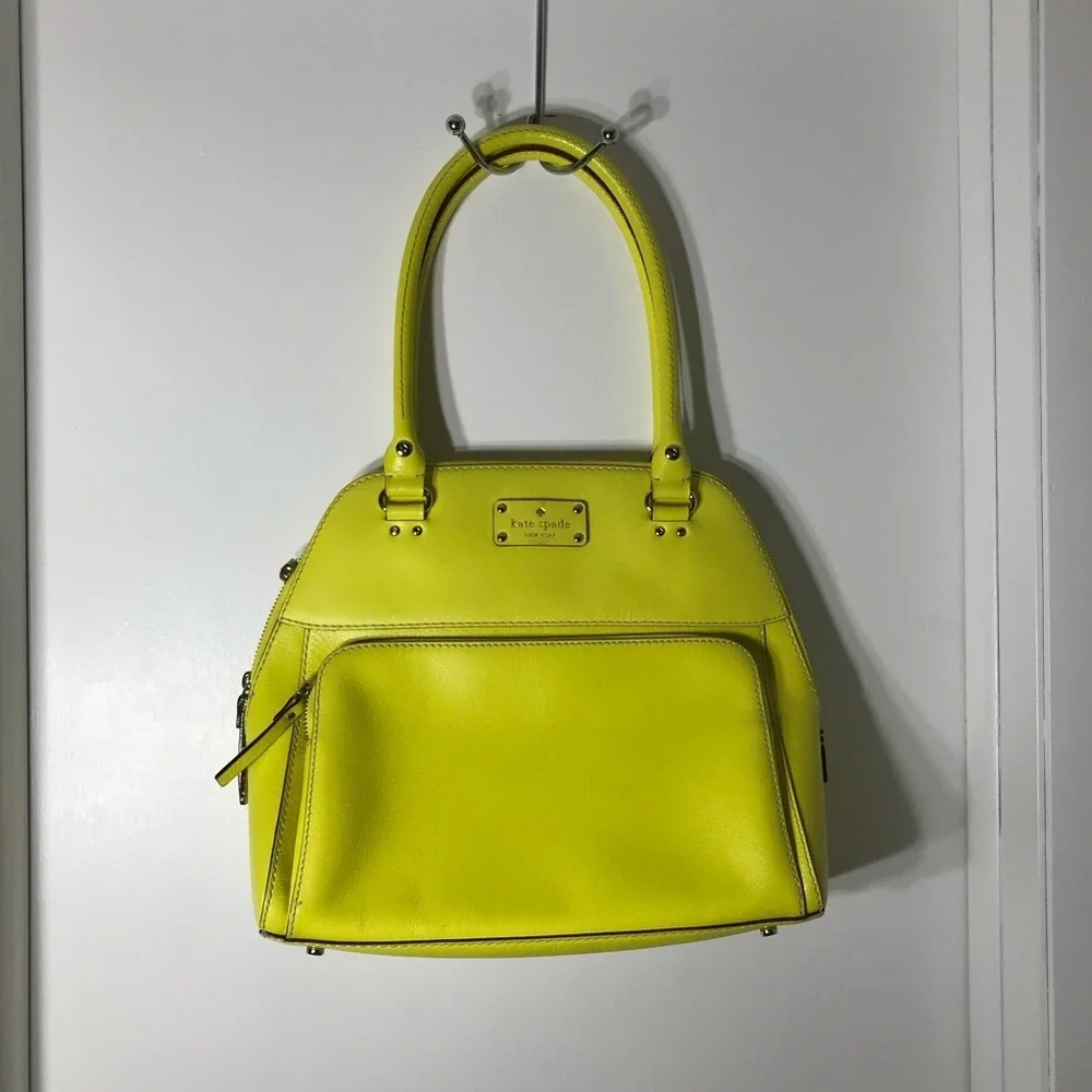 Kate Spade NEW YORK Zipper Pockets Leather Yellow Green Shoulder Hand Bag Purse